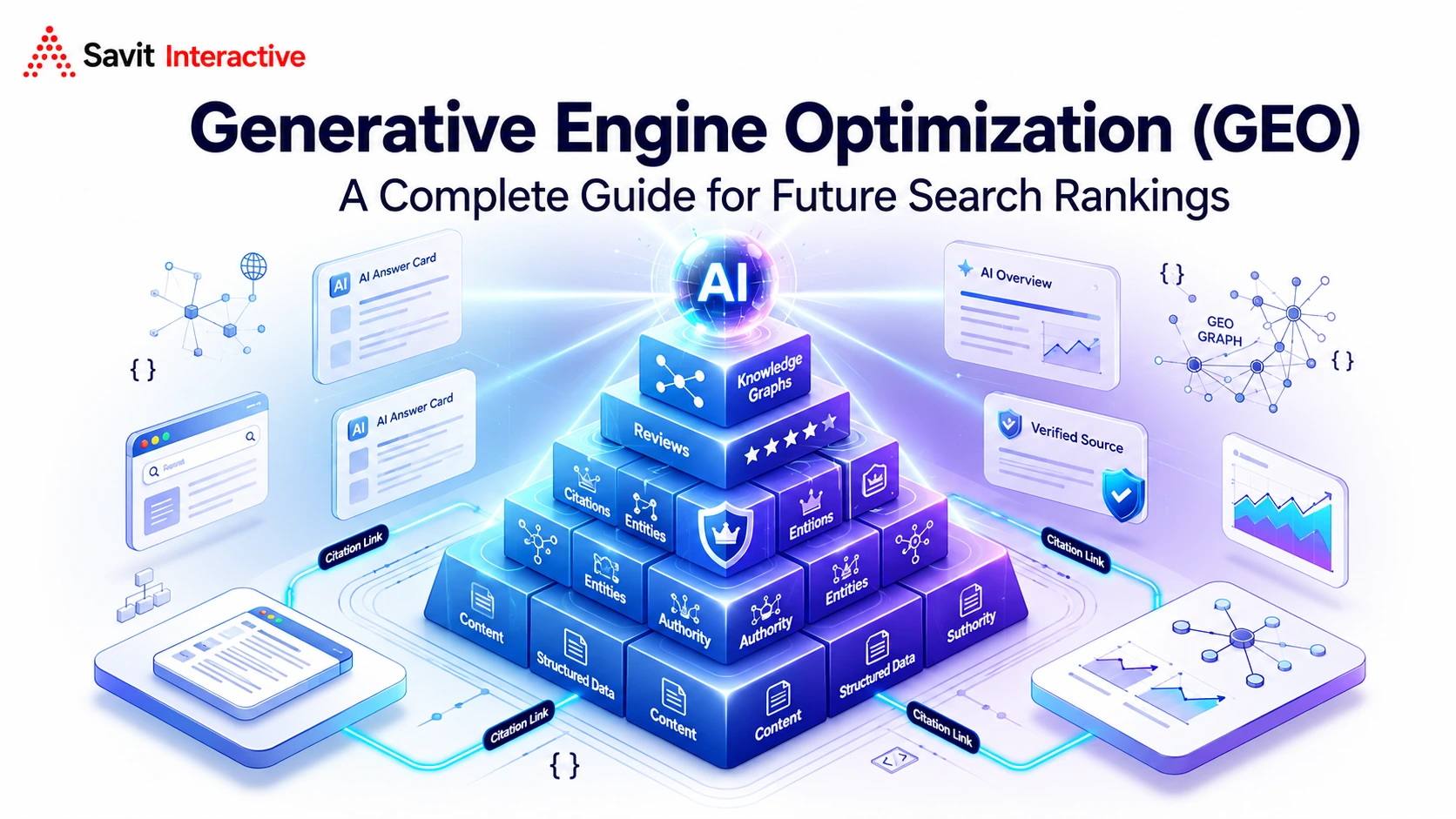 Generative engine optimization illustration with AI citations and structured data.